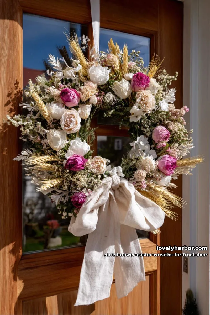 oversized wreath with dried roses, wheat stalks, and a vintage linen bow 1