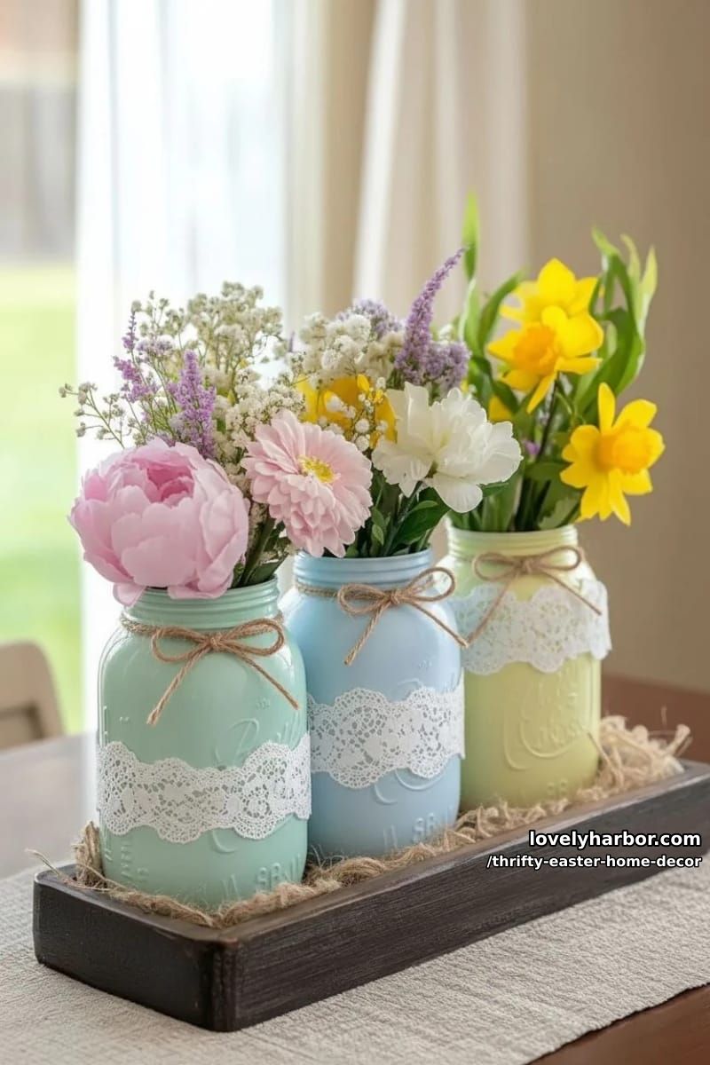 painted mason jar vases with lace and thrifted faux spring florals 1