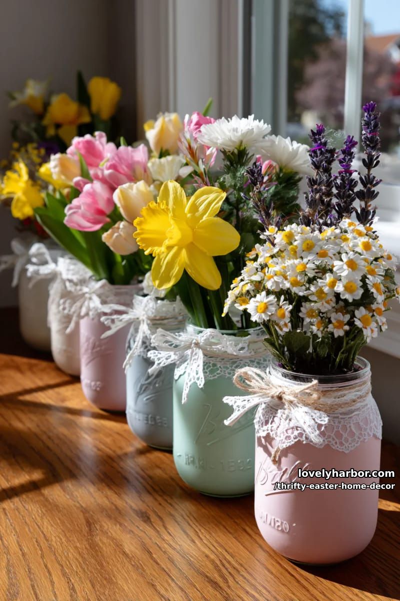 painted mason jar vases with lace and thrifted faux spring florals 1