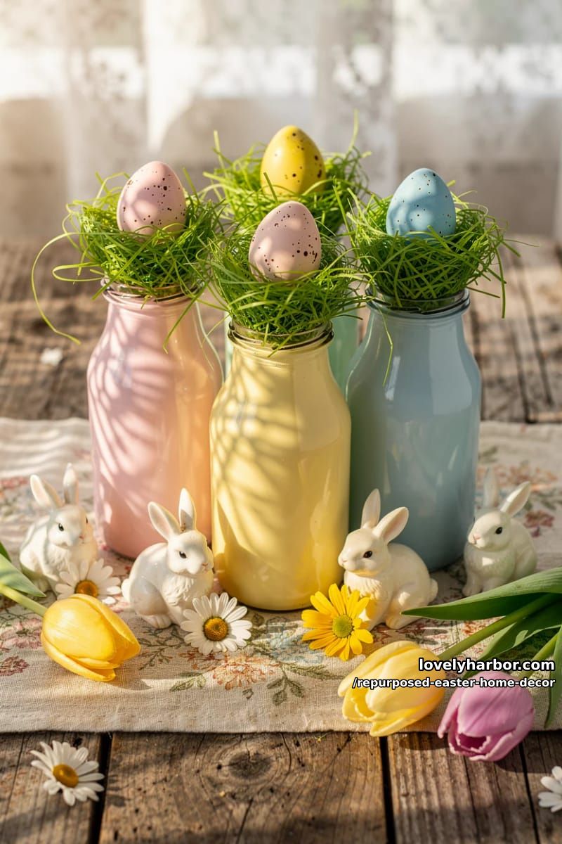 painted milk bottles as centerpiece vases with easter grass and eggs 1