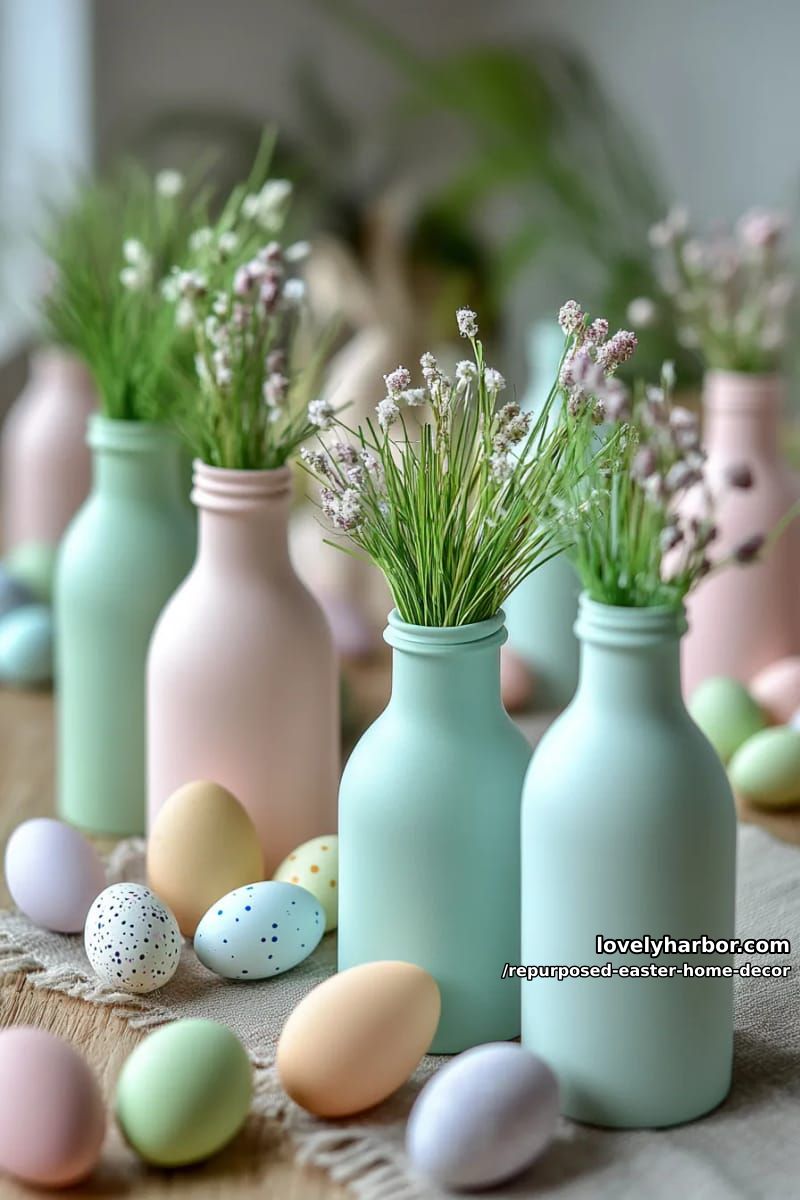painted milk bottles as centerpiece vases with easter grass and eggs 1