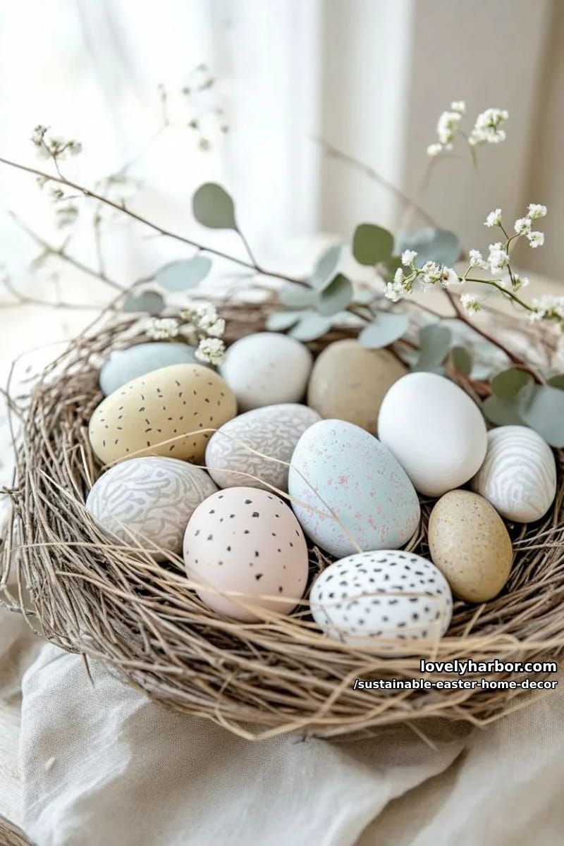 painted stone “eggs” nestled in a nest of dried grass and twigs 1