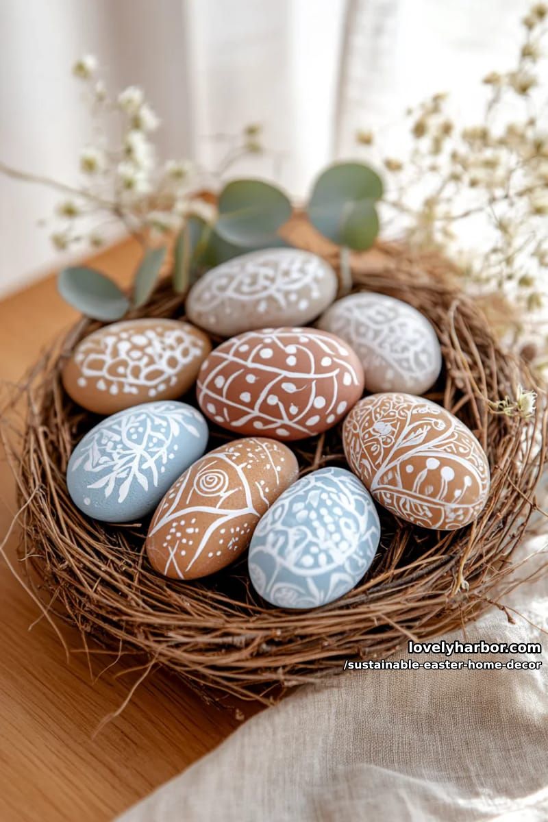 painted stone “eggs” nestled in a nest of dried grass and twigs 1