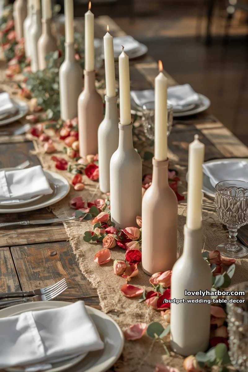 painted wine bottles with taper candles and scattered rose petals 1