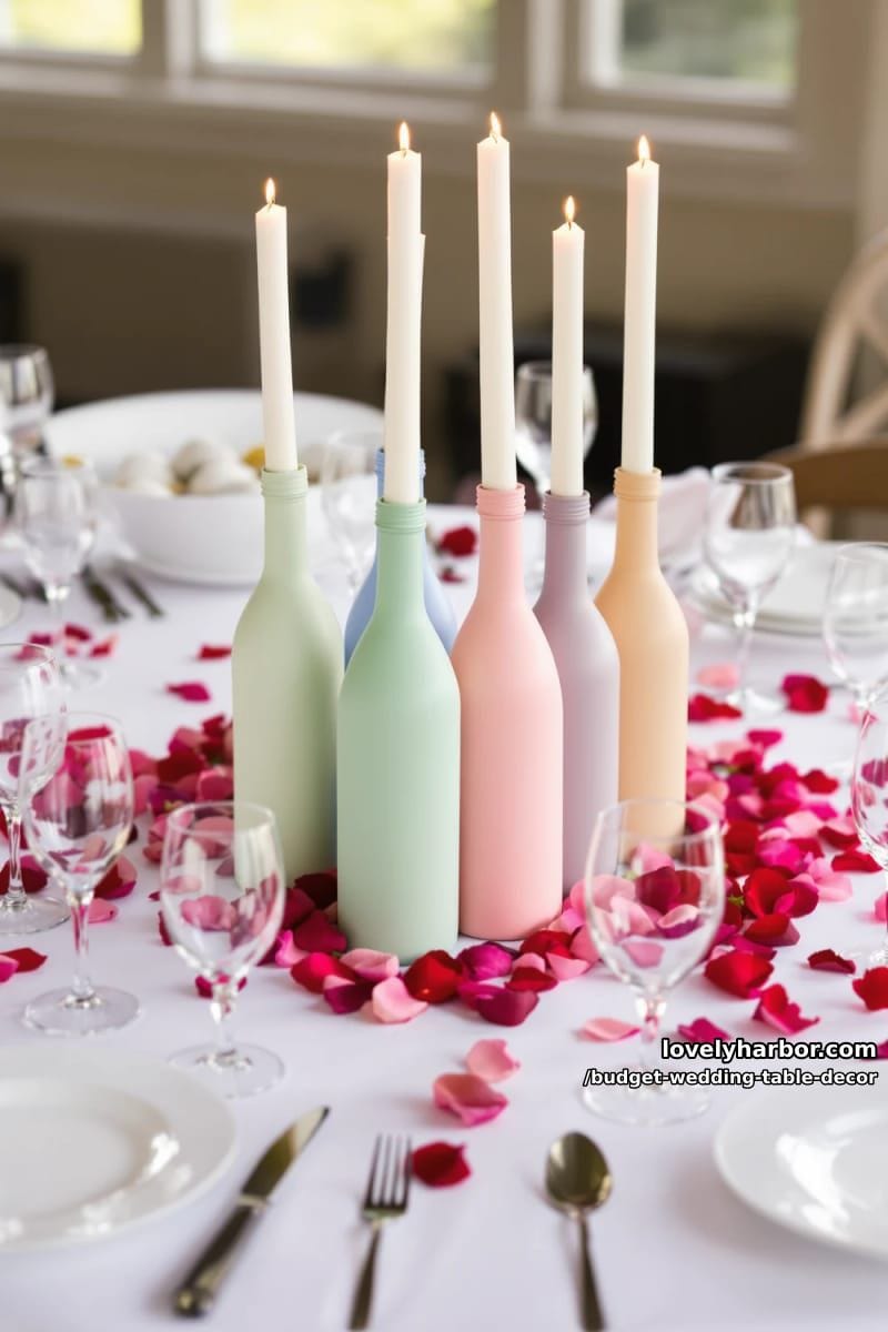 painted wine bottles with taper candles and scattered rose petals 1