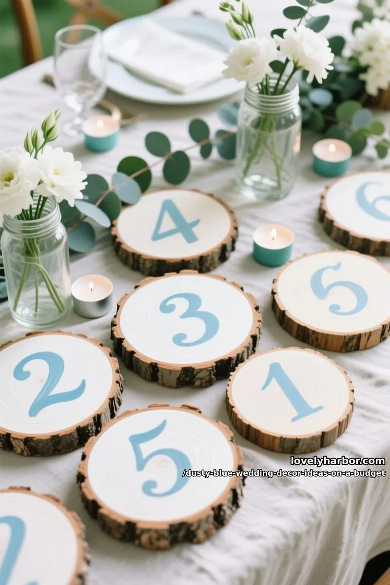 painted wood slices with dusty blue calligraphy table numbers 1