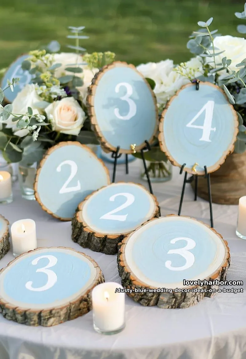 painted wood slices with dusty blue calligraphy table numbers 1