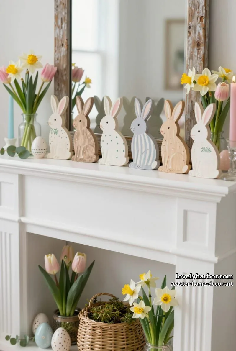 painted wooden bunny cutouts as mantel decor with scattered faux florals 1