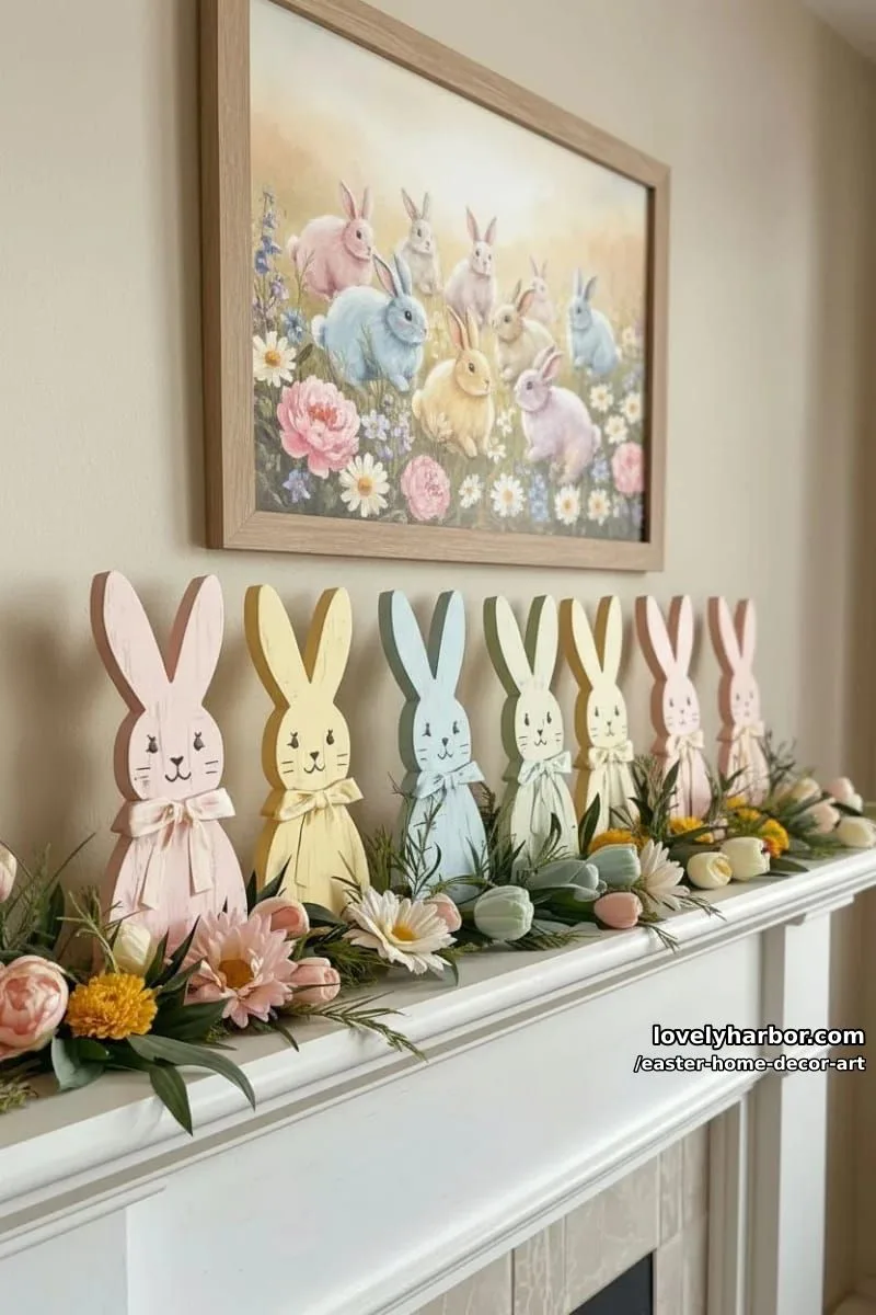 painted wooden bunny cutouts as mantel decor with scattered faux florals 1