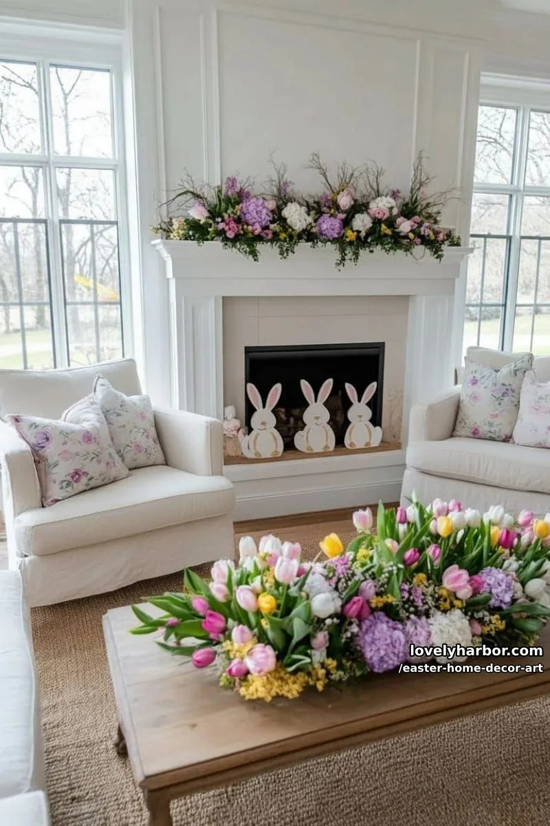 painted wooden bunny cutouts as mantel decor with scattered faux florals 1