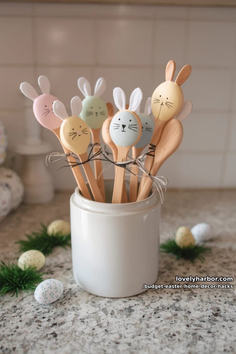 painted wooden spoons with bunny faces for kitchen decor 1