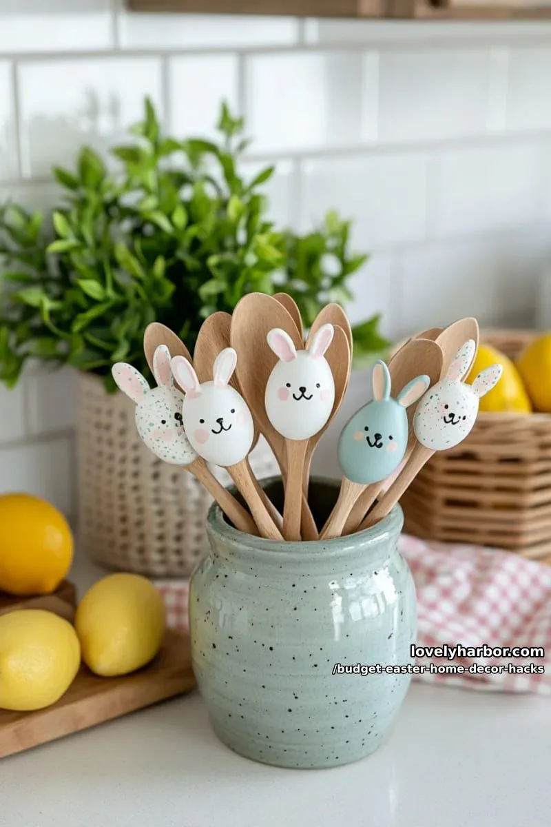 painted wooden spoons with bunny faces for kitchen decor 1