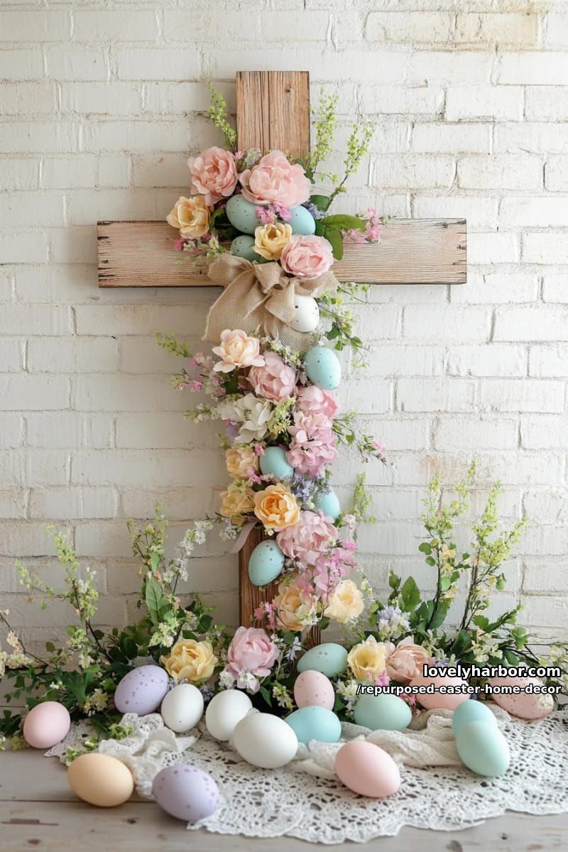 pallet wood cross decorated with pastel eggs and silk flowers 1