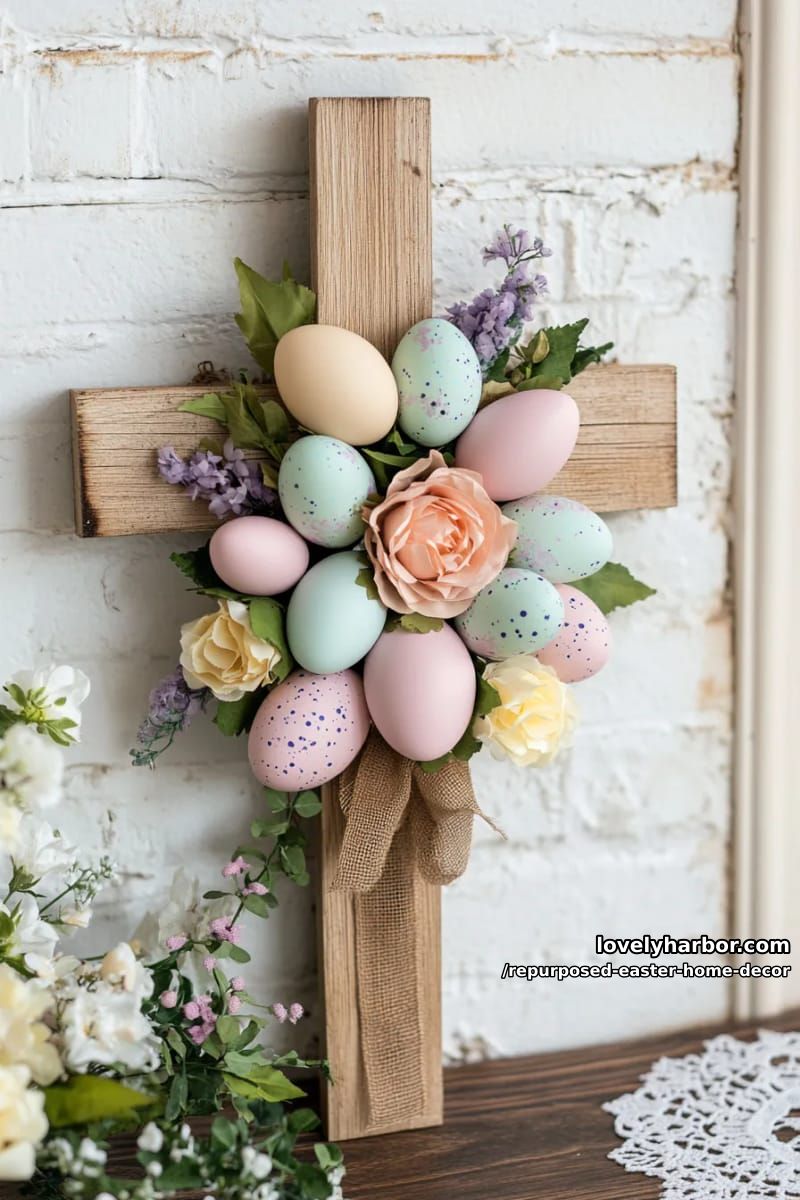 pallet wood cross decorated with pastel eggs and silk flowers 1