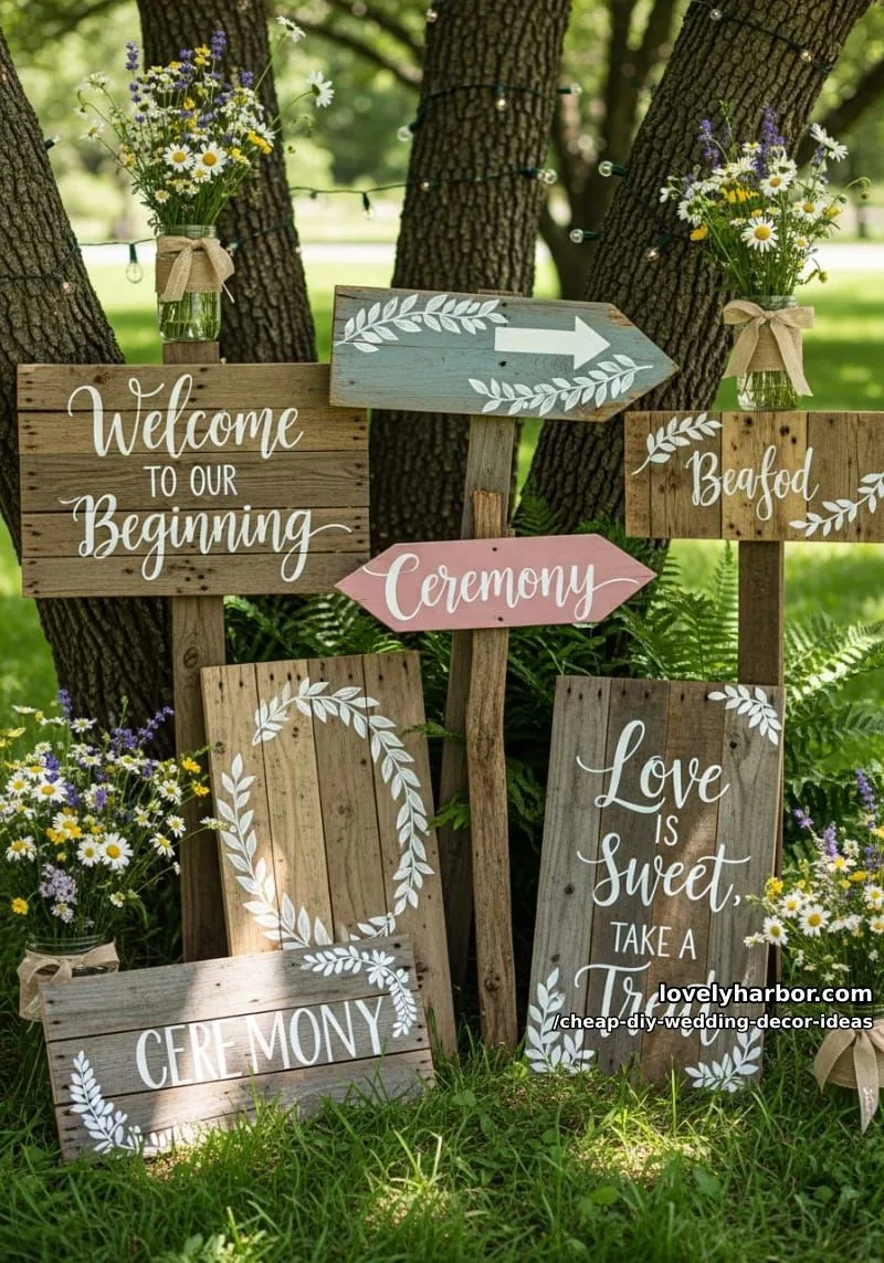 pallet wood signs with hand-painted messages for ceremony decor 1