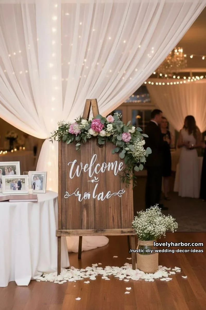 19 Rustic DIY Wedding Decor Ideas with Dreamy Vibes 6 pallet wood welcome sign adorned with greenery and fairy lights 1