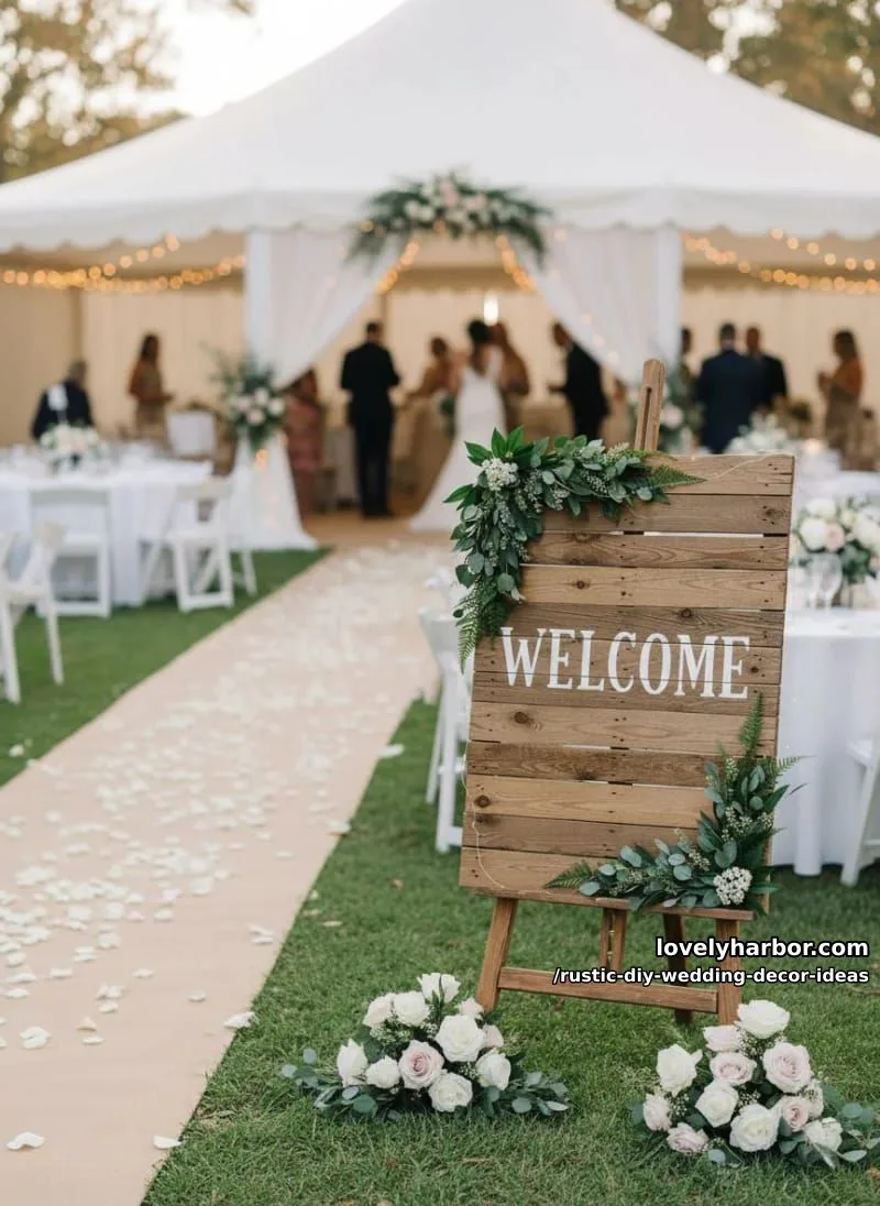19 Rustic DIY Wedding Decor Ideas with Dreamy Vibes 7 pallet wood welcome sign adorned with greenery and fairy lights 1