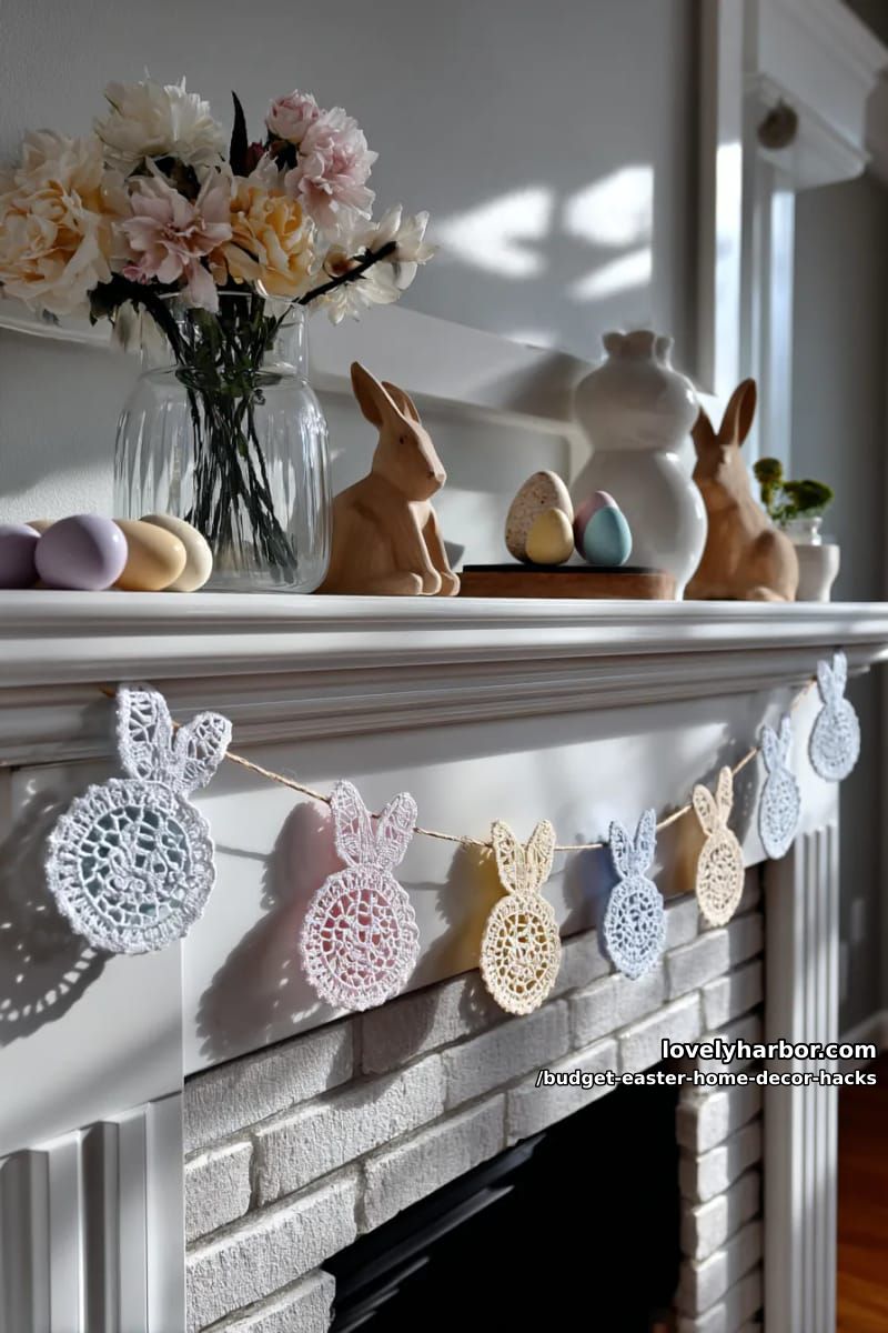 paper doily bunny banner strung across the fireplace mantel 1