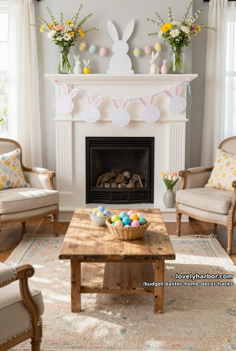 paper doily bunny banner strung across the fireplace mantel 1