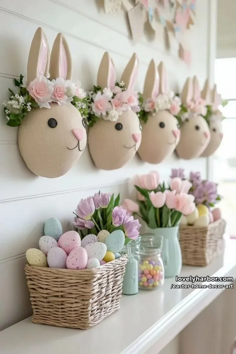 paper mâché bunny heads with floral accents for a playful entry display 1