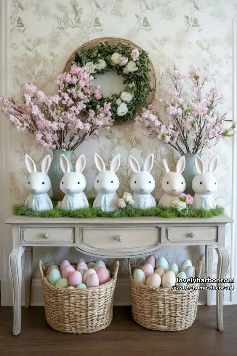 paper mâché bunny heads with floral accents for a playful entry display 1