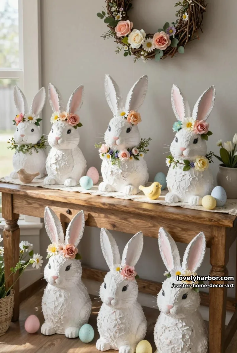 paper mâché bunny heads with floral accents for a playful entry display 1