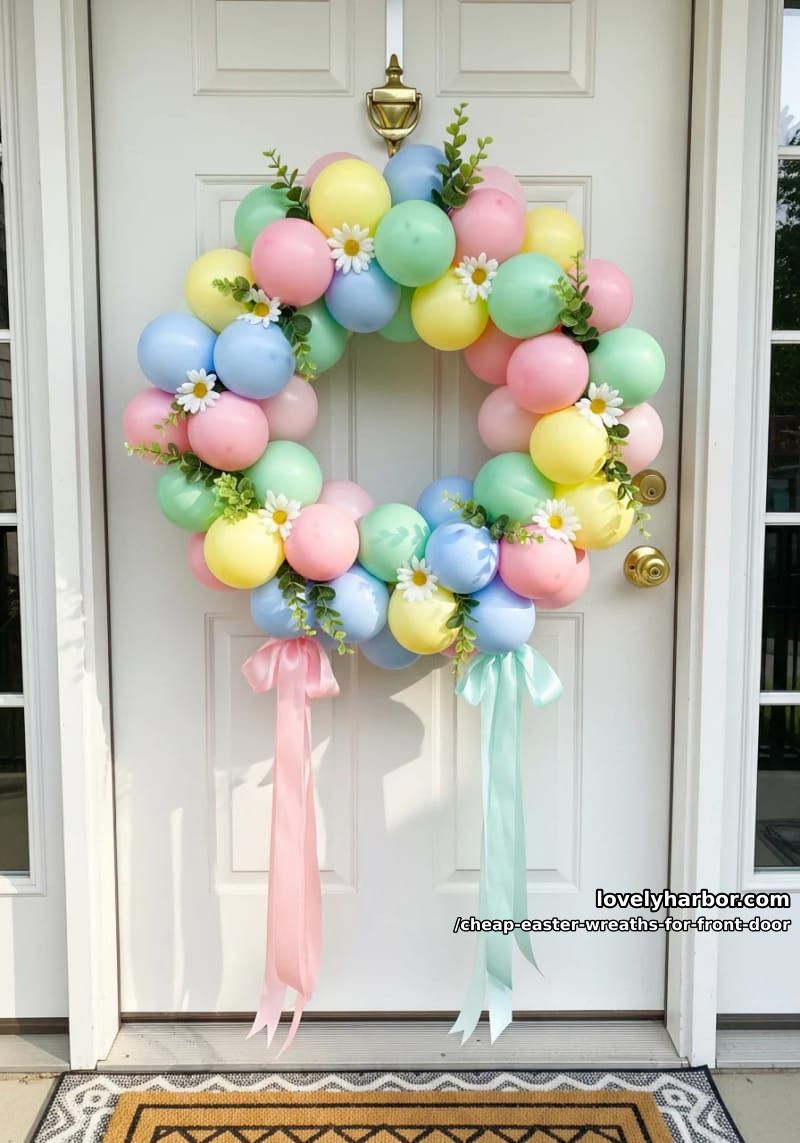 pastel balloon cluster wreath for a playful front door look 1