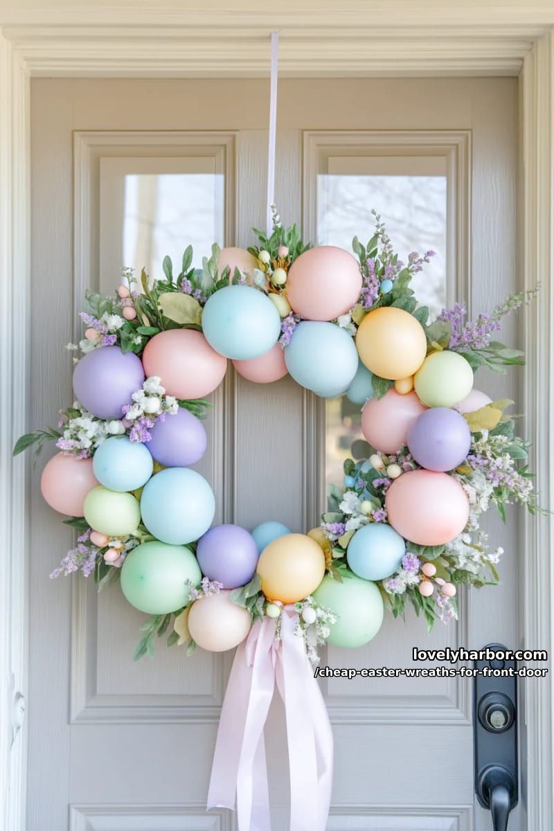 pastel balloon cluster wreath for a playful front door look 1