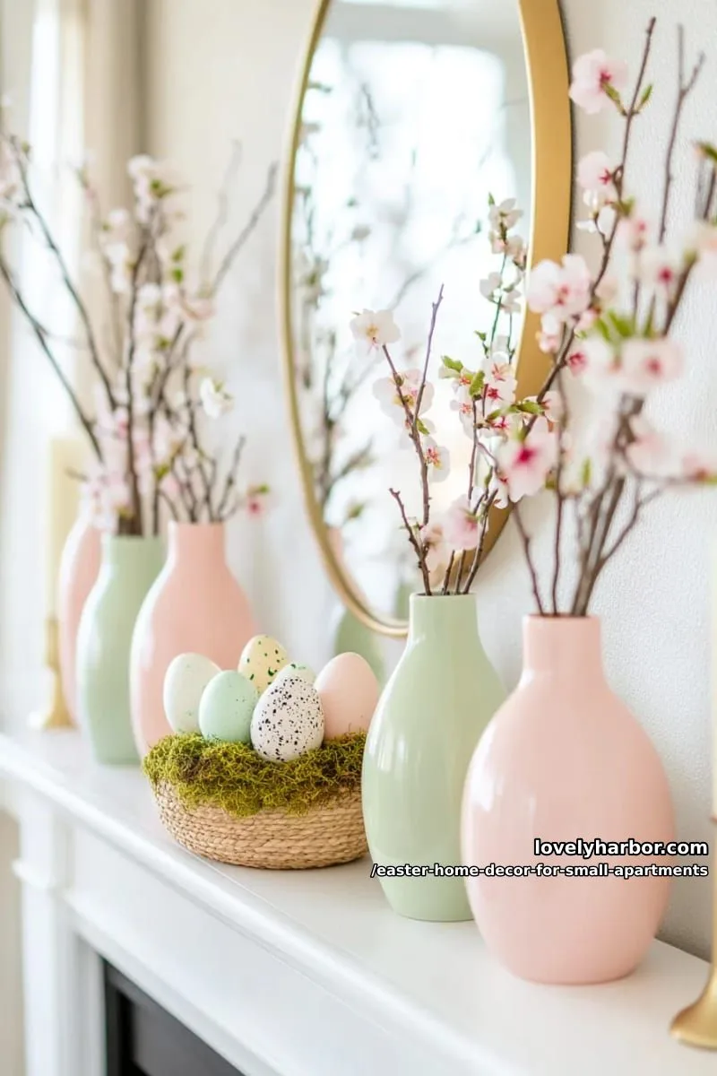 pastel ceramic vases filled with blossoming branches on a slim mantel 1
