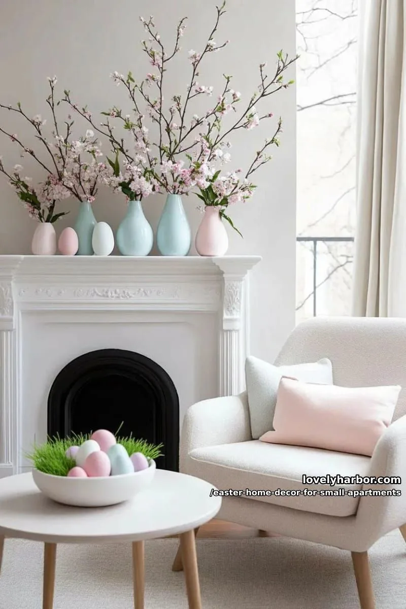 pastel ceramic vases filled with blossoming branches on a slim mantel 1