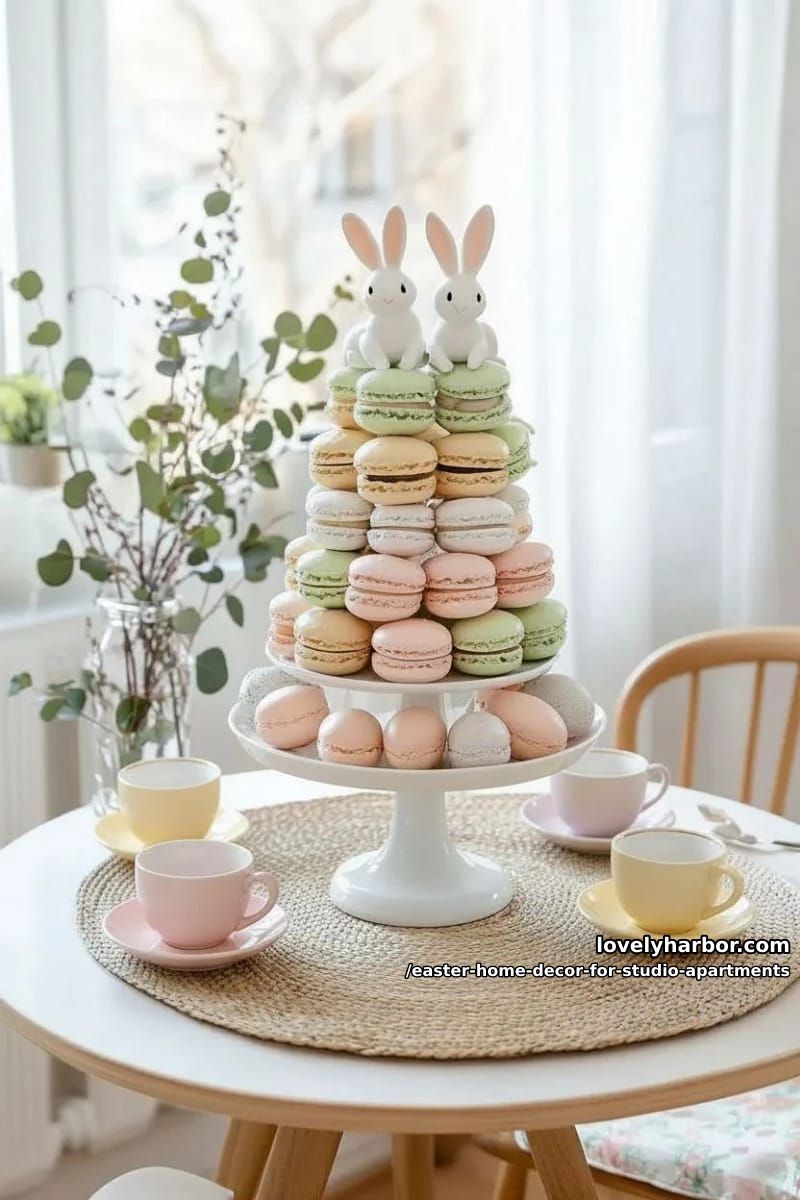 pastel-colored macaron stack as edible easter decor for dining nook 1