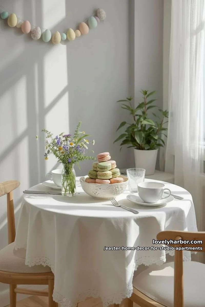 pastel-colored macaron stack as edible easter decor for dining nook 1