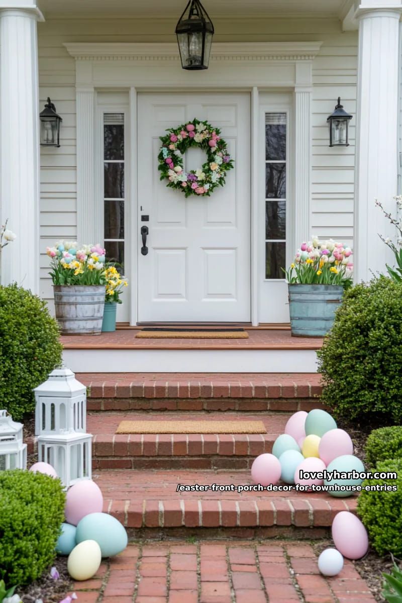 pastel egg trail meandering along brick walkway to front porch 1
