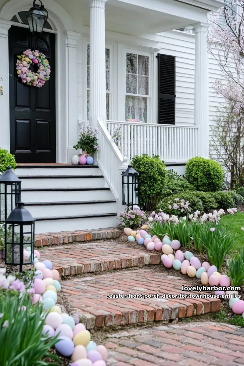 pastel egg trail meandering along brick walkway to front porch 1