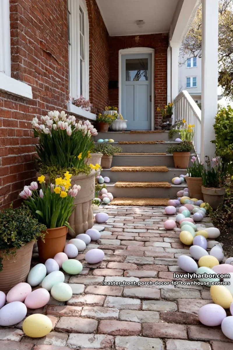 pastel egg trail meandering along brick walkway to front porch 1