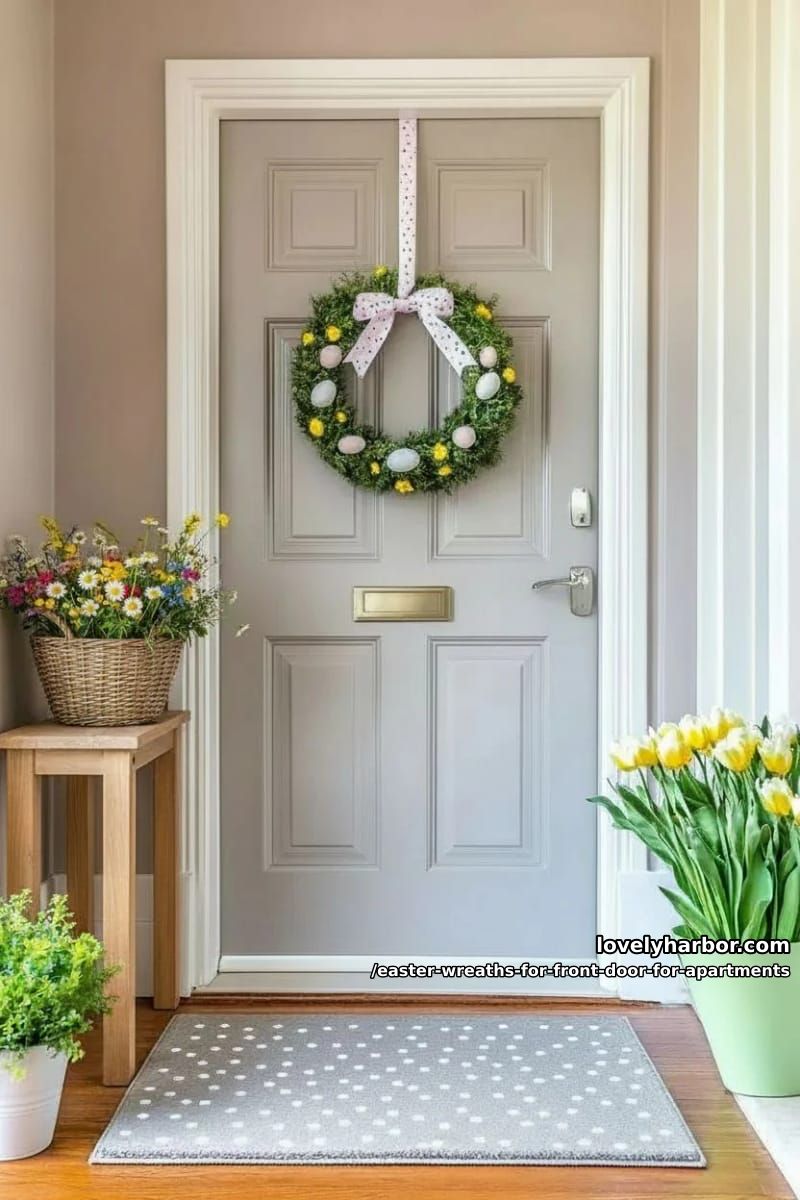 pastel egg wreath with faux greenery and polka dot ribbon accent 1