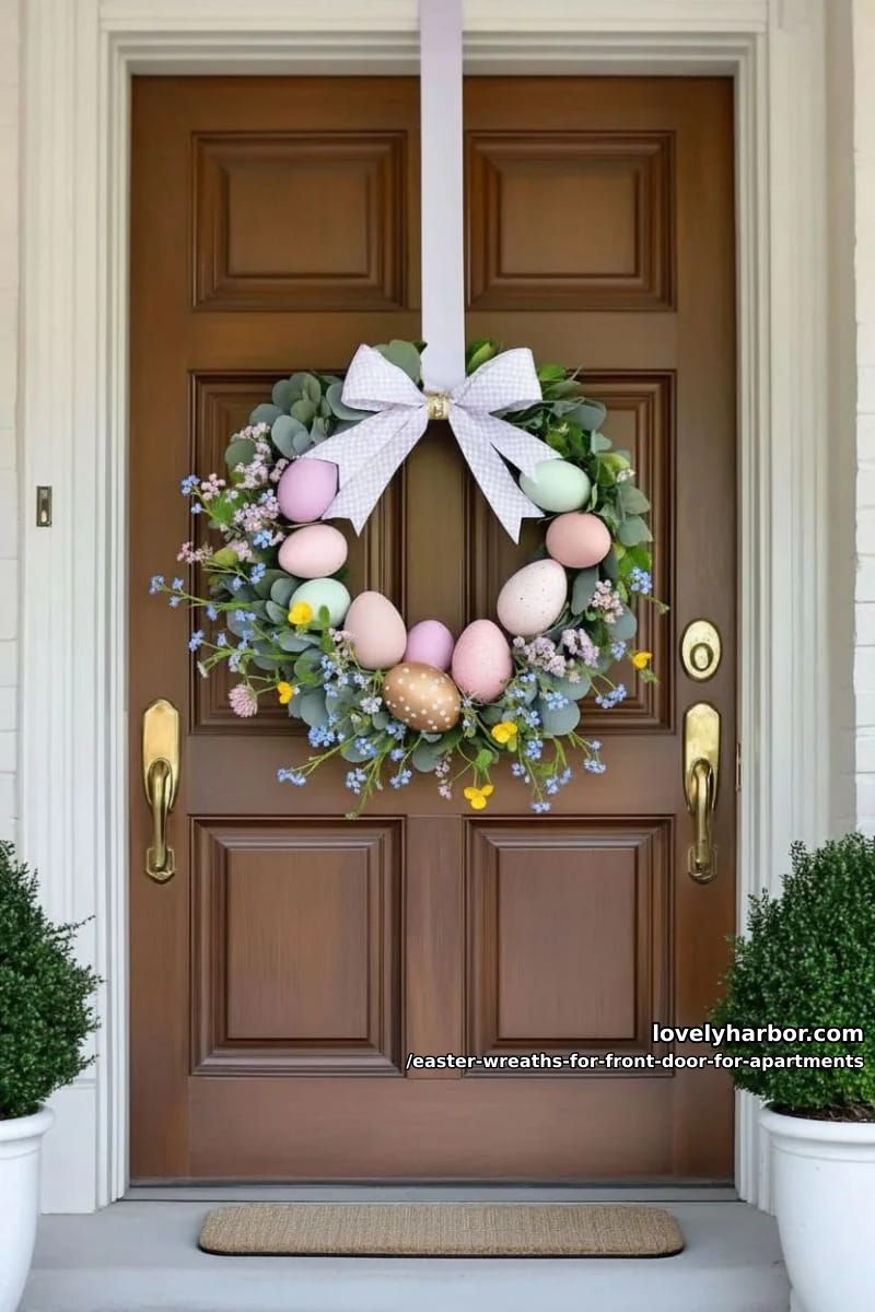 pastel egg wreath with faux greenery and polka dot ribbon accent 1