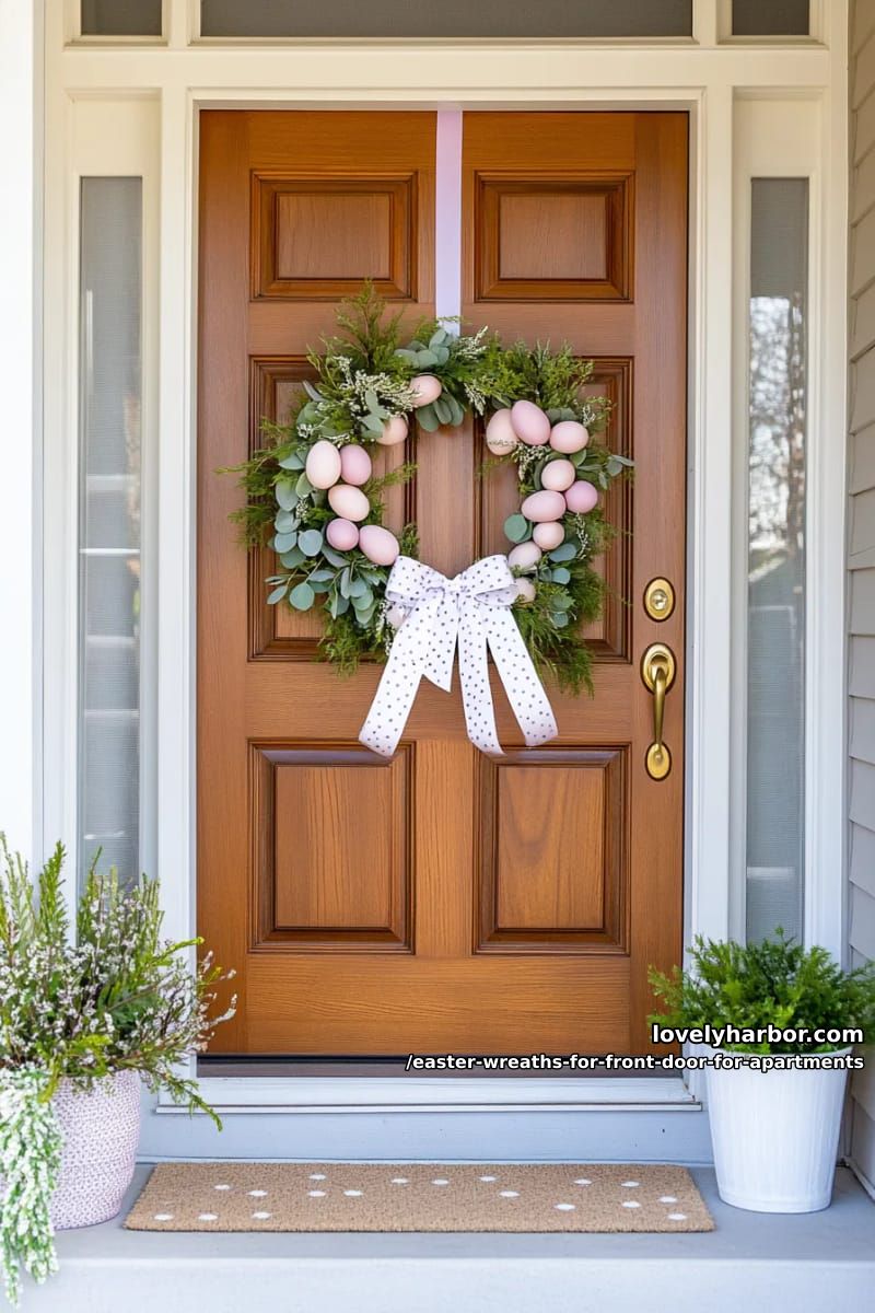pastel egg wreath with faux greenery and polka dot ribbon accent 1