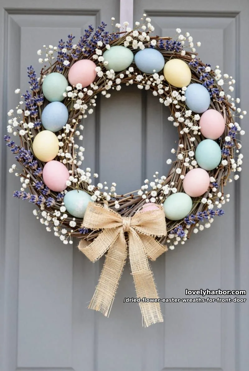 pastel eggs nestled in lavender and baby’s breath with raffia bow accent 1