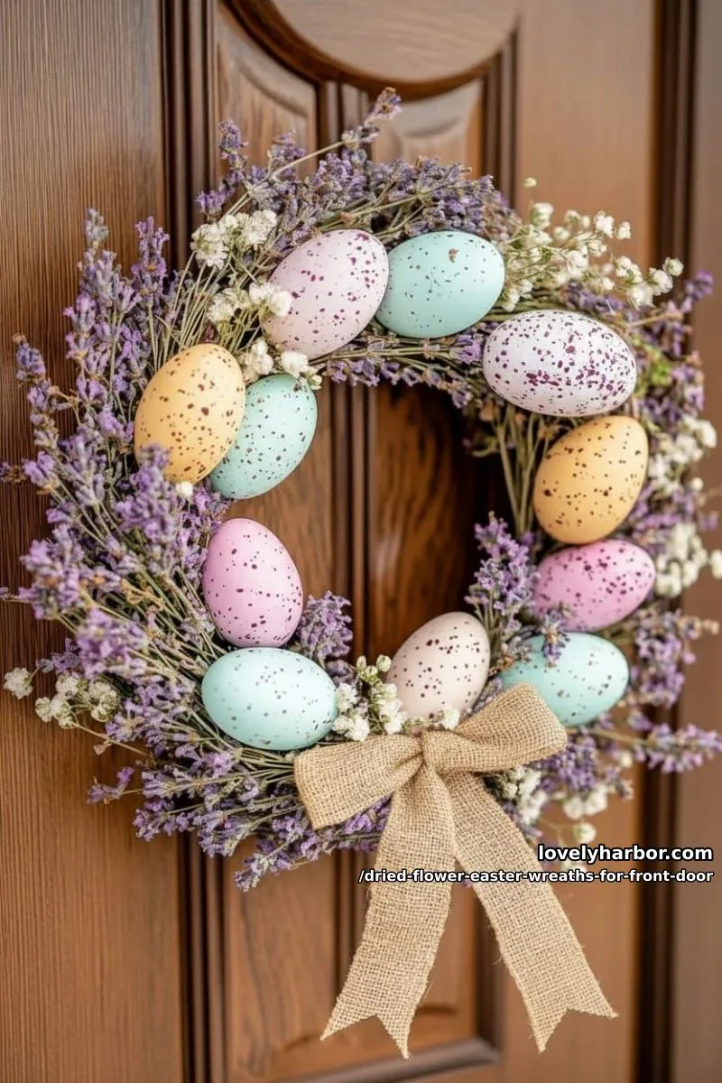pastel eggs nestled in lavender and baby’s breath with raffia bow accent 1