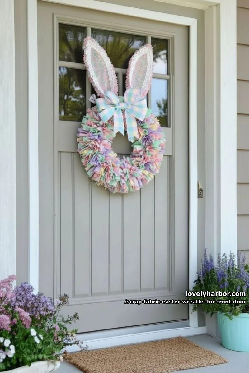 pastel patchwork bunny silhouette wreath with oversized floppy ears and gingham bows 1