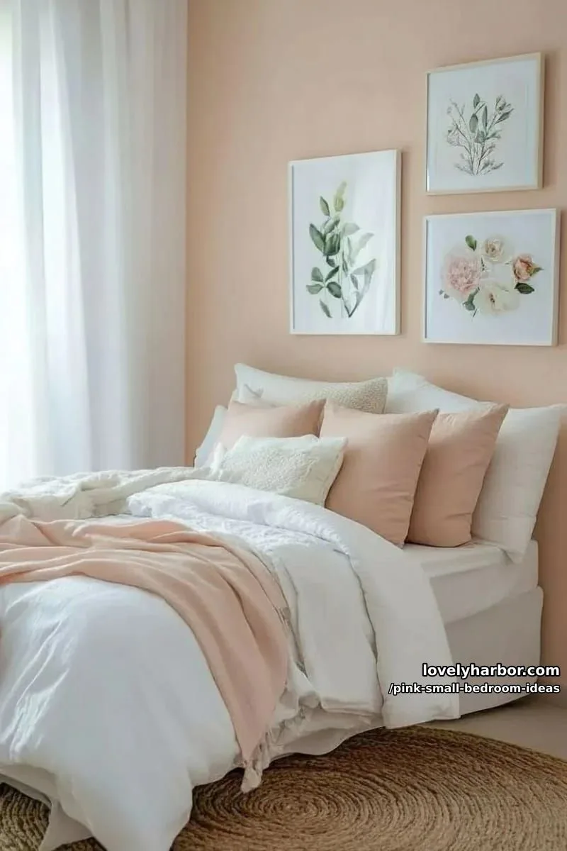 21 Pink Small Bedrooms Ideas You'll Love 18 pastel pink gallery wall featuring botanical and abstract prints 1