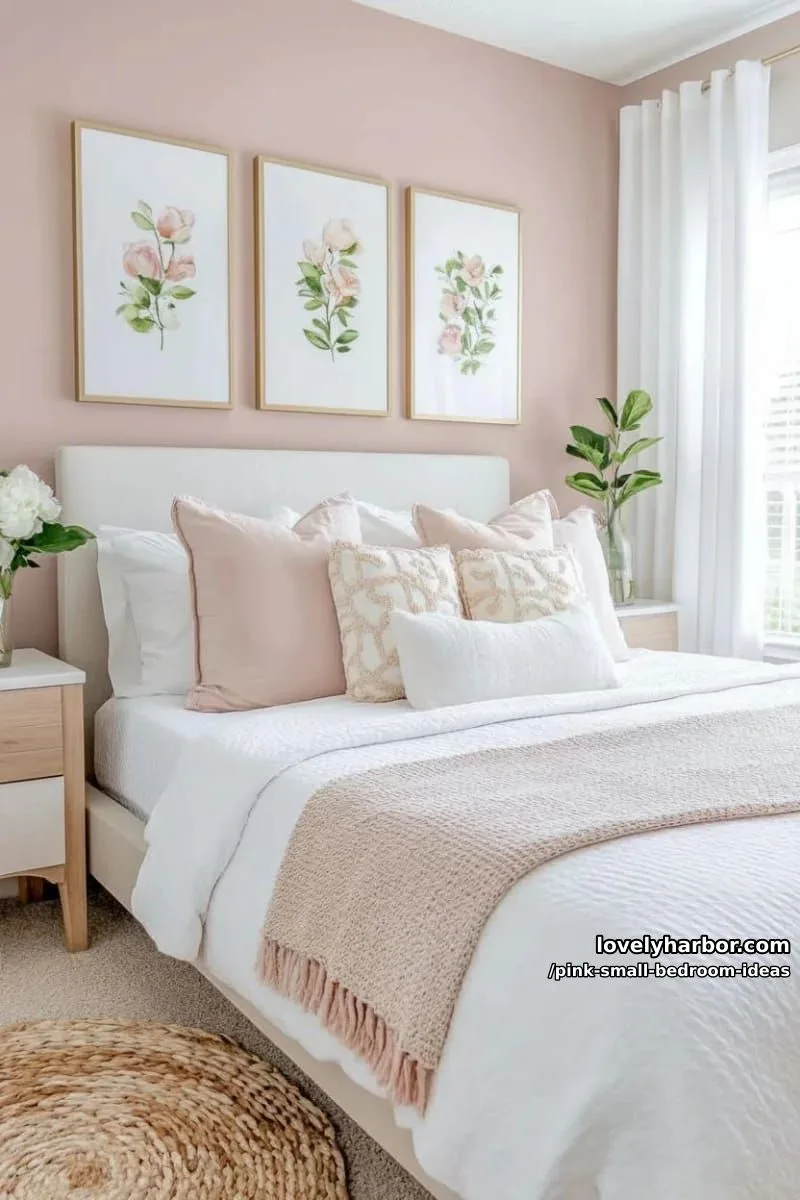 21 Pink Small Bedrooms Ideas You'll Love 19 pastel pink gallery wall featuring botanical and abstract prints 1
