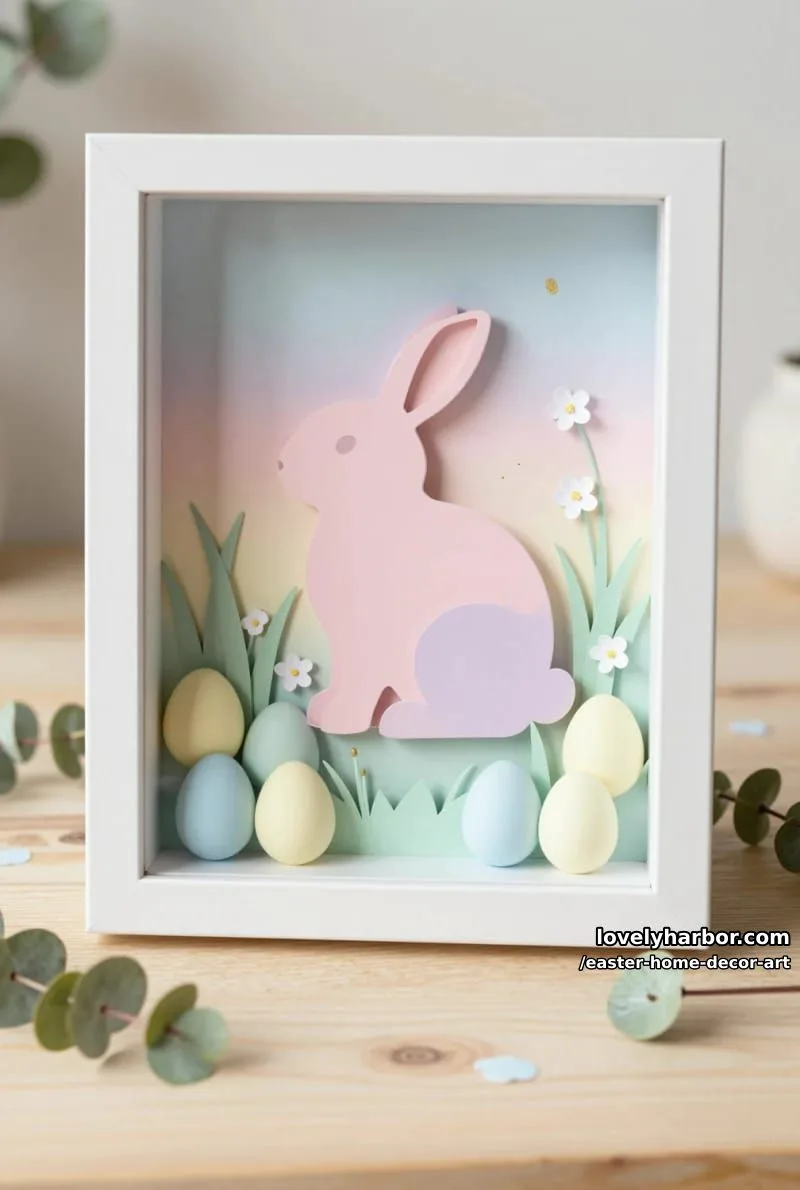 pastel shadowbox with 3d bunny silhouettes and mini faux eggs 1