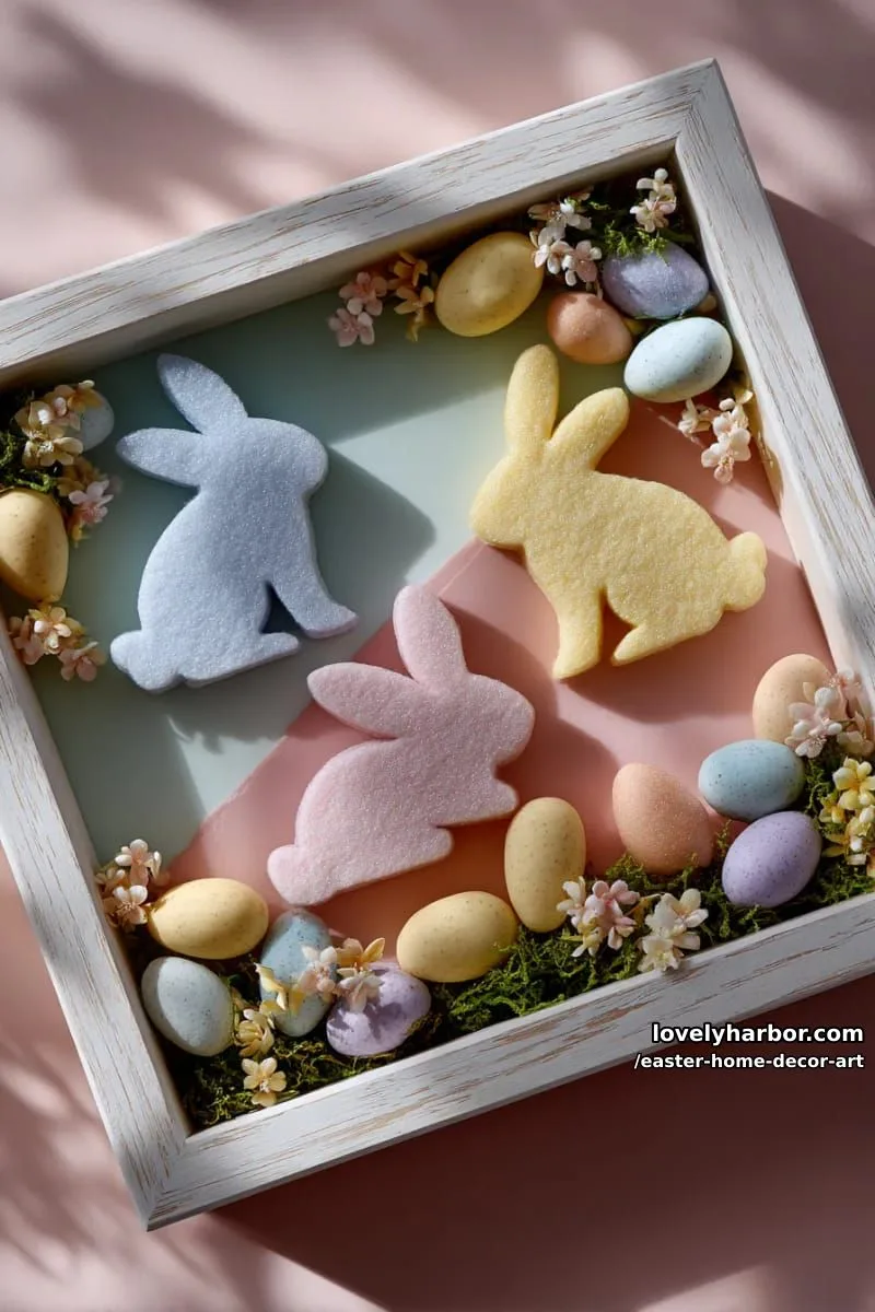pastel shadowbox with 3d bunny silhouettes and mini faux eggs 1