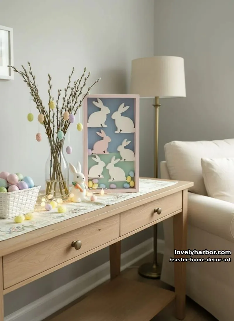 pastel shadowbox with 3d bunny silhouettes and mini faux eggs 1