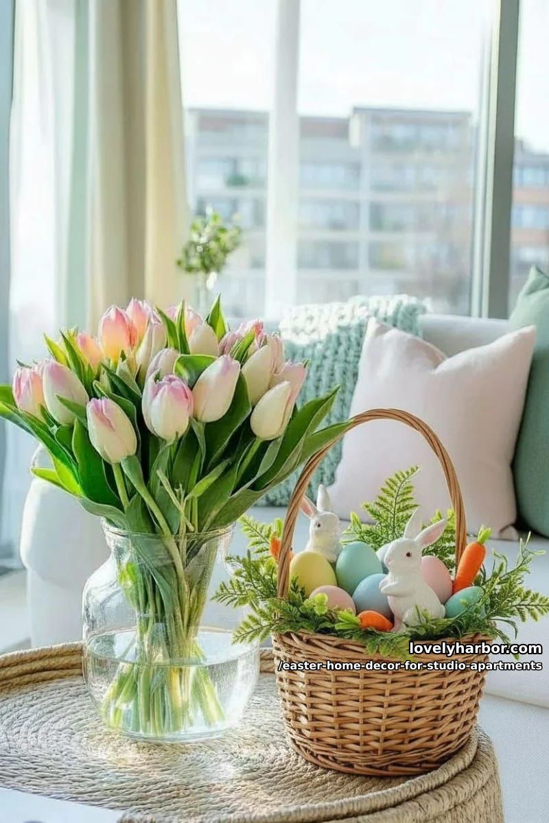 pastel tulip bouquet centerpiece in a clear glass vase on coffee table 1