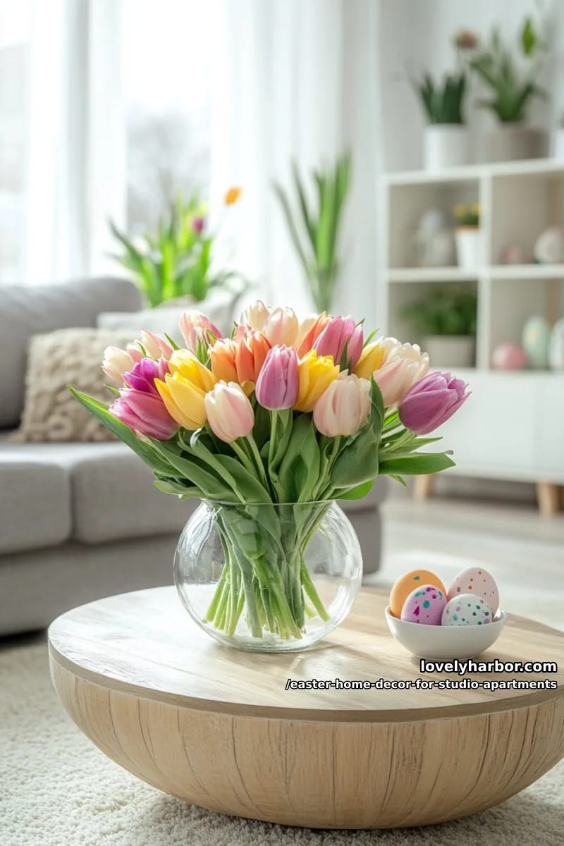 pastel tulip bouquet centerpiece in a clear glass vase on coffee table 1