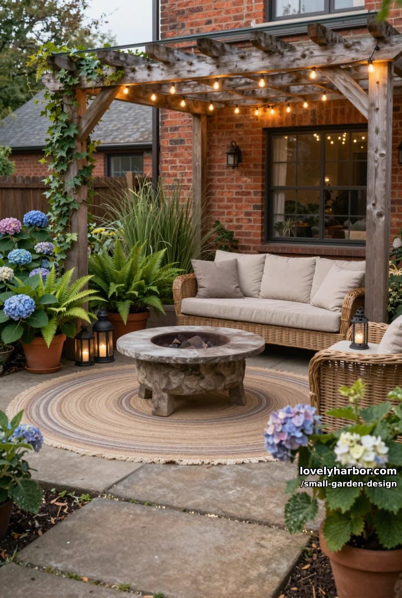 patio beside brick house with pergola, string lights, wicker sofa, fire pit, and plants. 1