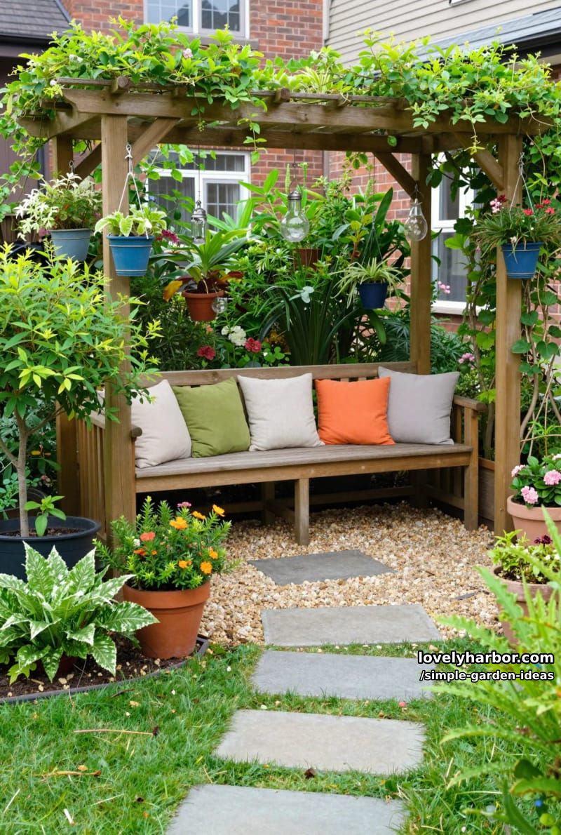 pergola seating area with hanging pots, throw pillows, and glass lanterns 1